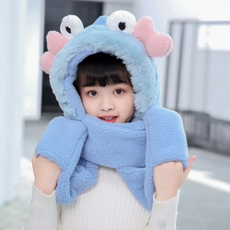 

Kids Winter Warm 3 In 1 Faux Fleece Hooded Scarf Hat Gloves Set Cute 3D Crab Ears Legs Thermal Earflap Cap Neck Warmer