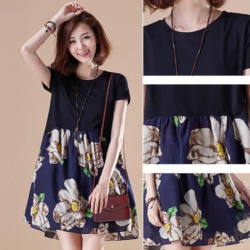 

Women Dress Fashion Elegant Floral Printing Dresses Casual Party Knee-Length Dress For Women Lady High Waist Vintage Retro Dress