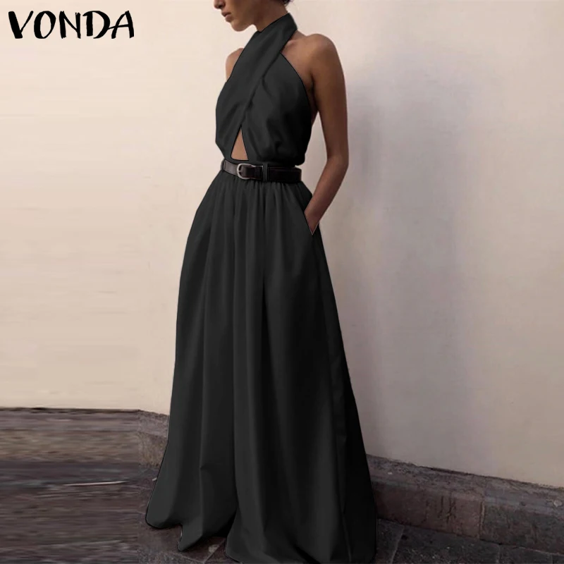 

Свободный пляжный комбинезон VONDA, пикантный однотонный длинный комбинезон без рукавов, богемный вечерний комбинезон, Женские панталоны в с...