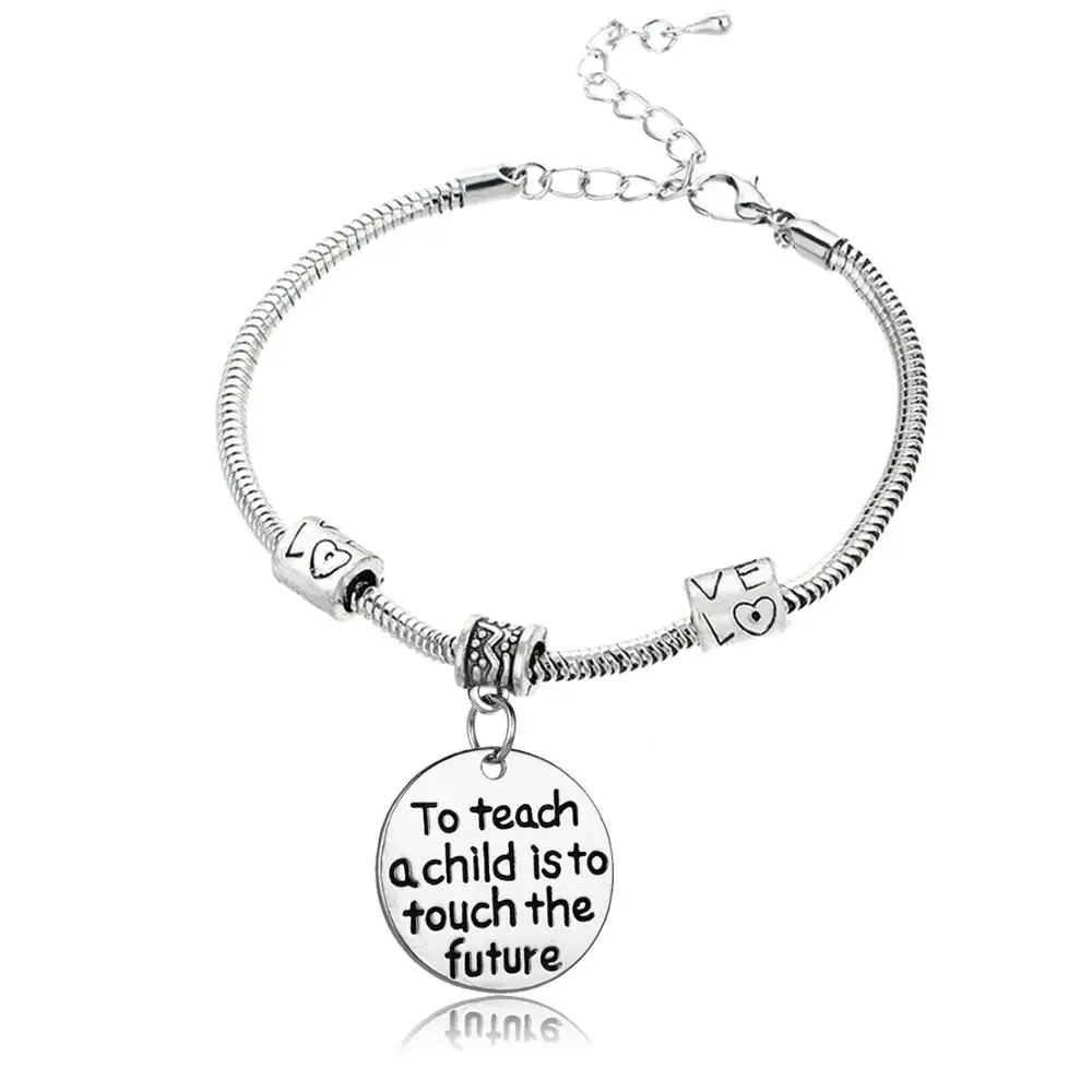 

12PC To Teach A Child Is To Touch The Future Bracelets Round Pendant Charm Bangles Teachers Jewelry Teacher's Day Gifts Love Bead Chain Wristband