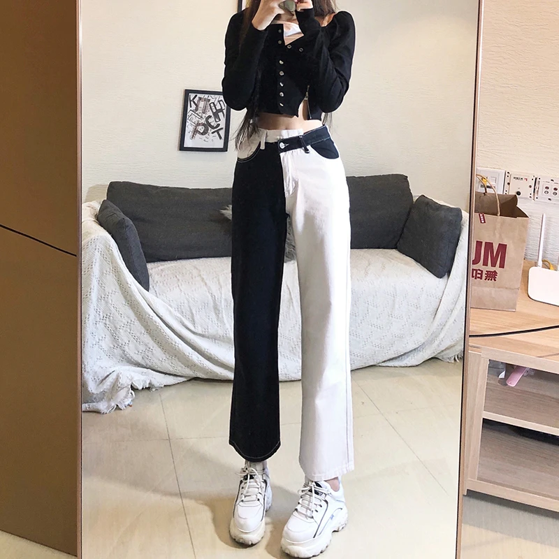 

Lauri Laki Irregular Patchwork High Waist Jeans Women Vintage Straight Denim Pants Plus Size Wide Leg Jeans Summer 2021 Retro