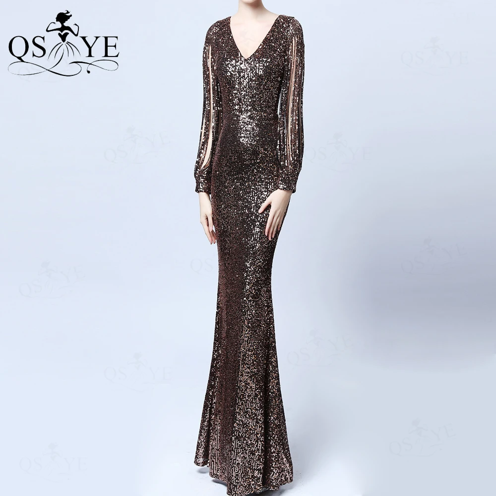 

Deep Red Evening Dresses Long Sequin Prom Gown Glitter V Neck Elegant Beadings Long Sleeves Fitted Formal Party Dress Vestido