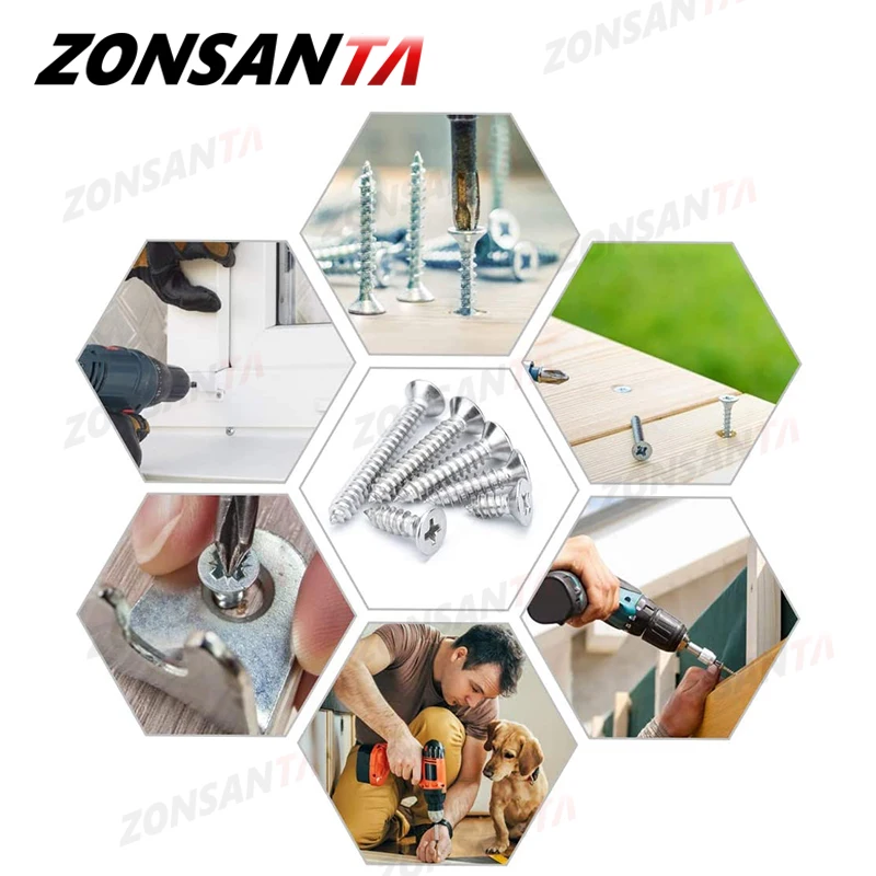 

ZONSANTA M2 M3 M4 Self-Tapping Screw 304 Stainless Steel Phillips Flat Head Wood Screws Assortative Kit Fitment Tool accessories