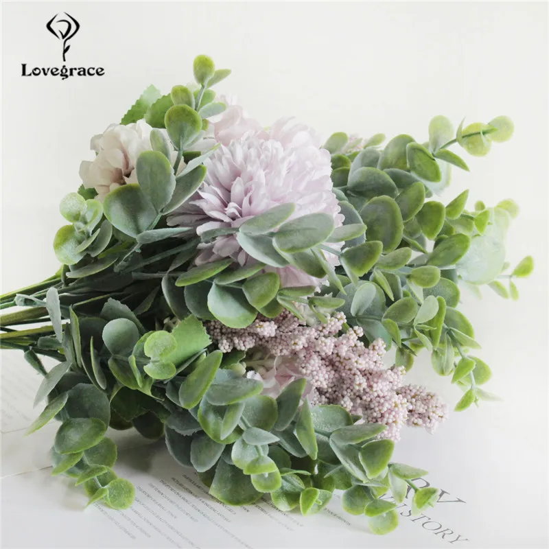 Artificial Silk Pompon Luckyball Flowers Bouquet Green Eucylaptus Flores Wedding Home Party DIY Decor Fake | Свадьбы и торжества