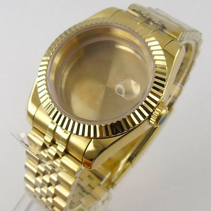 

36MM Golden plated Fluted Bezel Watch Case Fit NH35 NH36 Miyota 8215 2836 movement