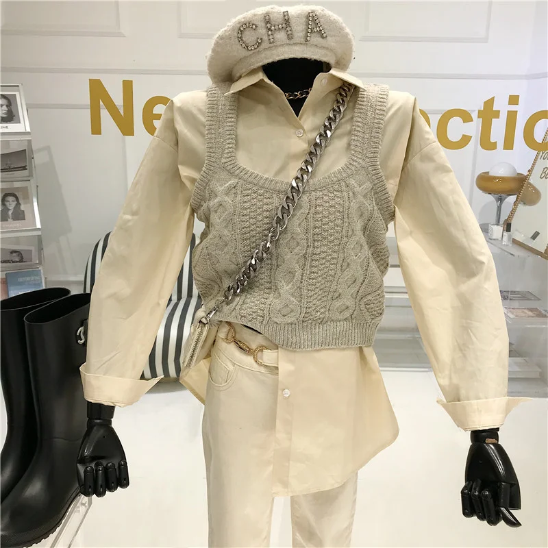 

Temperament Two Piece Set Folding Suit Women's Spring 2021 Niche Design New Twist Vest Short Knitted Vest + Solid Shirt
