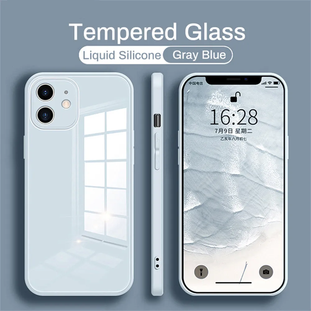 

Liquid Silicone Tempered Glass Case for iPhone 13 11 12 Pro Max Mini XS XR X 8 7 Plus SE2020 Lens Protection Hard Cover
