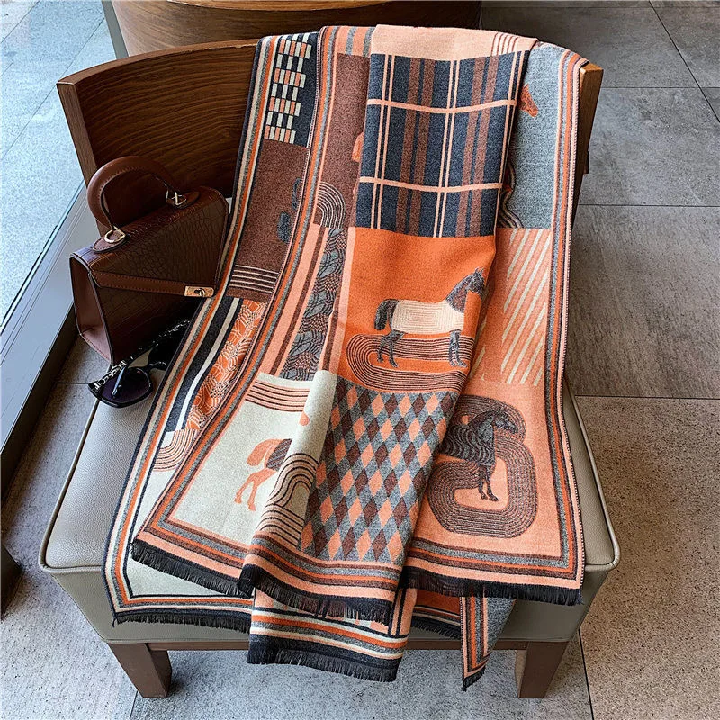 

Женская двухсторонняя кашемировая шаль, плотный зимний длинный стиль, теплый, Искусственный шарф.