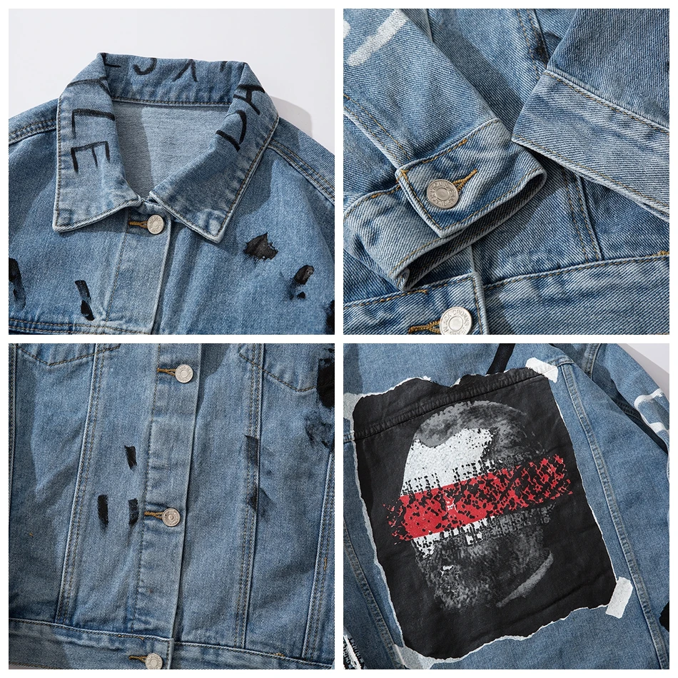 Мужская джинсовая куртка в стиле Харадзюку С буквенным принтом хип хоп большого