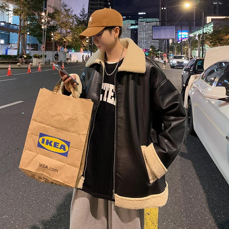 Winter Thick Leather Jacket Men Warm Fashion Retro Lamb Wool Jacket Men Streetwear Korean Loose Short Coat Mens Outwear Jackets