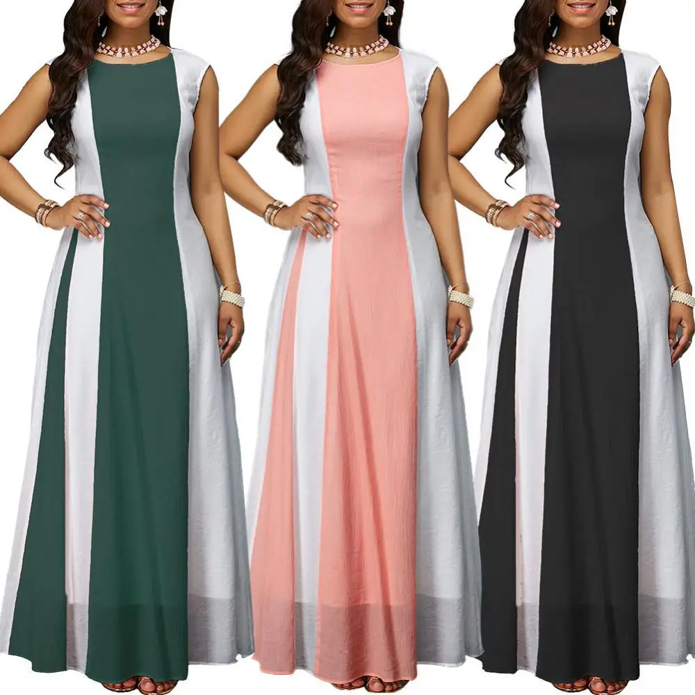 

50%HOT Plus Size Party Women Color Block Zipper Back Round Neck Sleeveless Maxi Dress