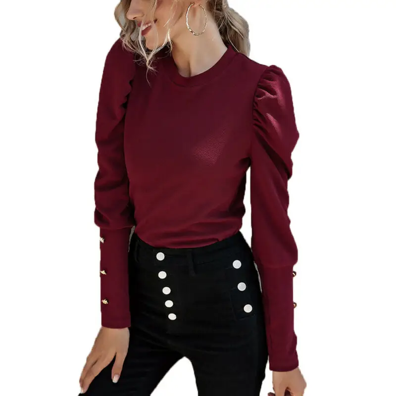 

Women's Long Sleeve Plain T-shirt Spring Ladies Casual Slim Fit Blouse Work Top