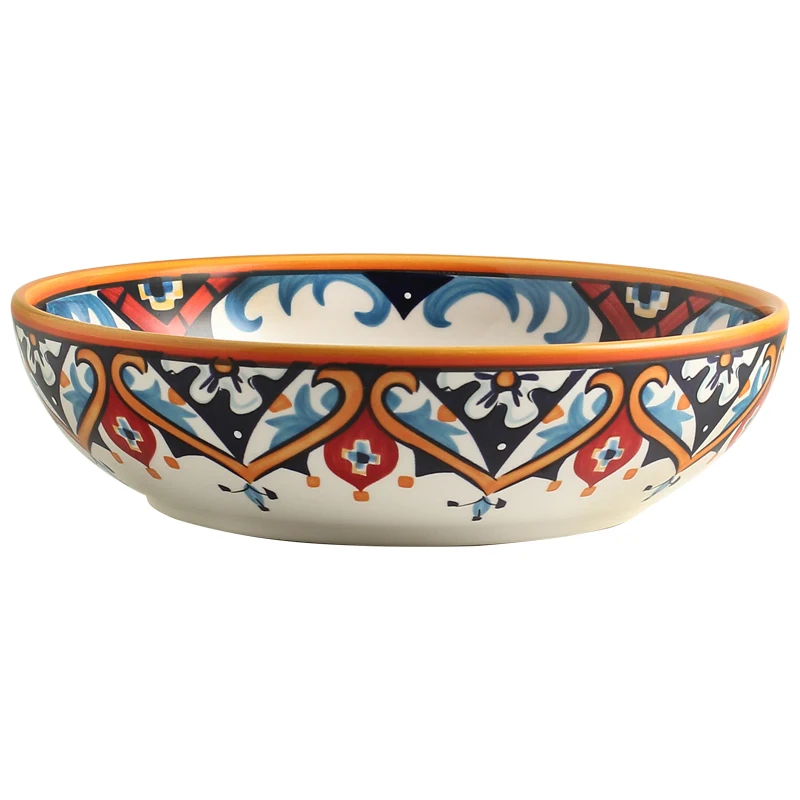 

American country hand-painted ceramic tableware bohemian soup noodle porridge bowl underglaze color deep cover rice dish LB50801