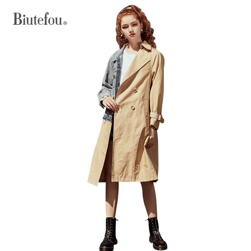 

2021 Spring and Autumn Women Long Denim Patch Design Embroidery Loose Ins Coat