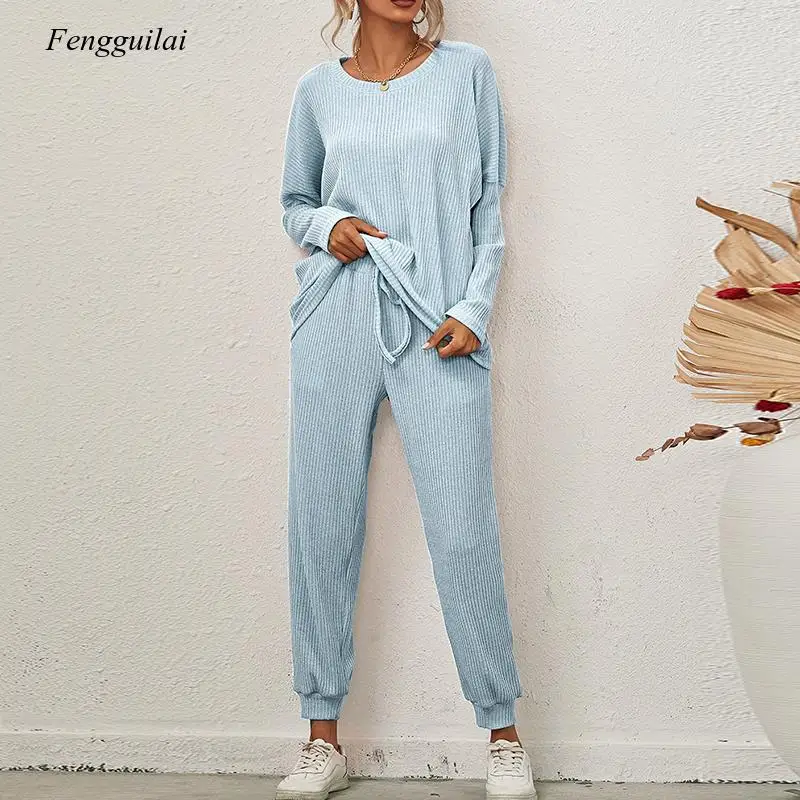 2021 Autumn Two Peice Set for Women New Loose Solid Color Long-Sleeved Casual Pants Suit Winter Women's Two Piece Outfits Full