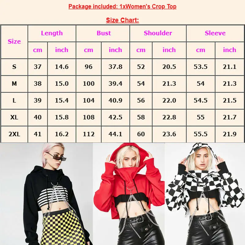 

hirigin Women Hoodies Sexy Gothic Punk Chain Crop Top Hooded Pullover Sweatshirt Cosplay Casual Tops Plus Size