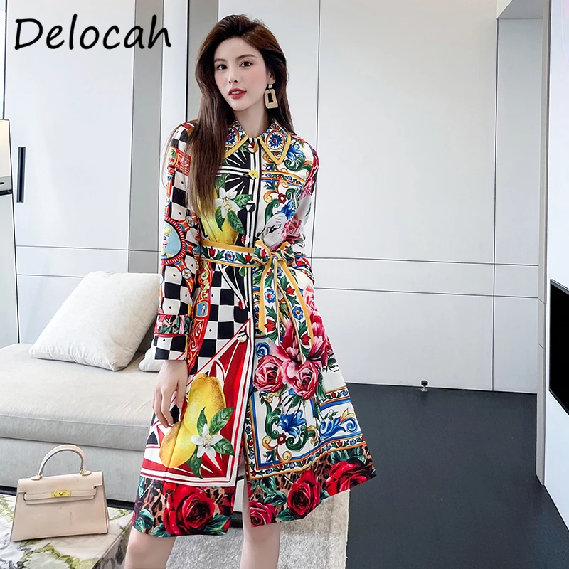 

Delocah/Новинка 2021 года; Осенний женский модный дизайнерский Тренч с длинным рукавом и бантом; Однобортное пальто с принтом; Женское пальто