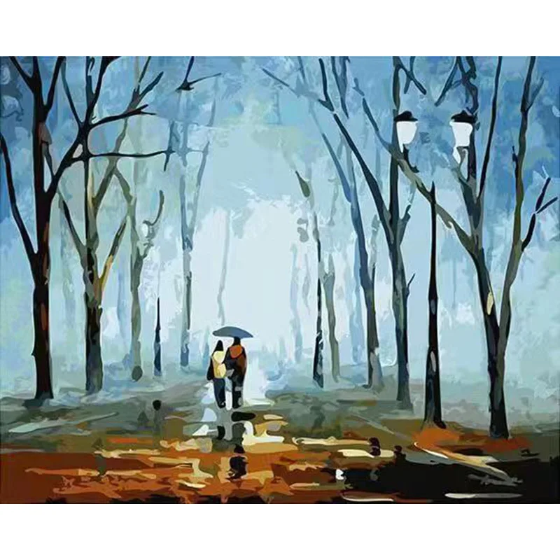 

GATYZTORY 60x75cm DIY Oil Painting By Numbers Landscape walking in the rain Picture By Numbers On Canvas Frameless Home Decor