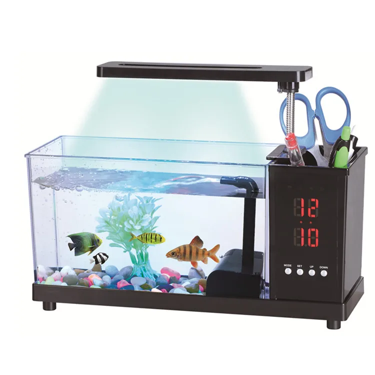 

Мини аквариума USB Аквариум С светодиодный светильник ЖК-дисплей Экран дисплея и часы аквариумных рыб аквариумы черный и белый стол Декор