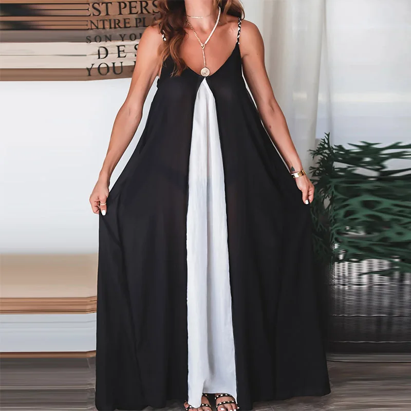 

Casual Women Loose Maxi dress Vestidos Sexy Backless Sling Beach Summer Dresses Fashion O Neck Patchwork Black Long Party Dress