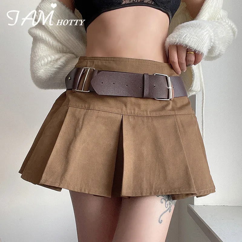 

With Sashes Brown High-waisted Pleated Skirt Women Korean Style Fashion Belt Punk Streetwear Tennis Mini Skirts Female Iamhotty