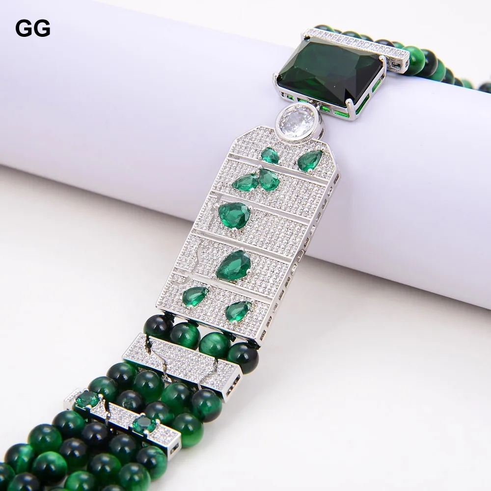 

GG Jewelry 20" Round Natural Green Tiger's-Eye Necklace CZ Pave Connector