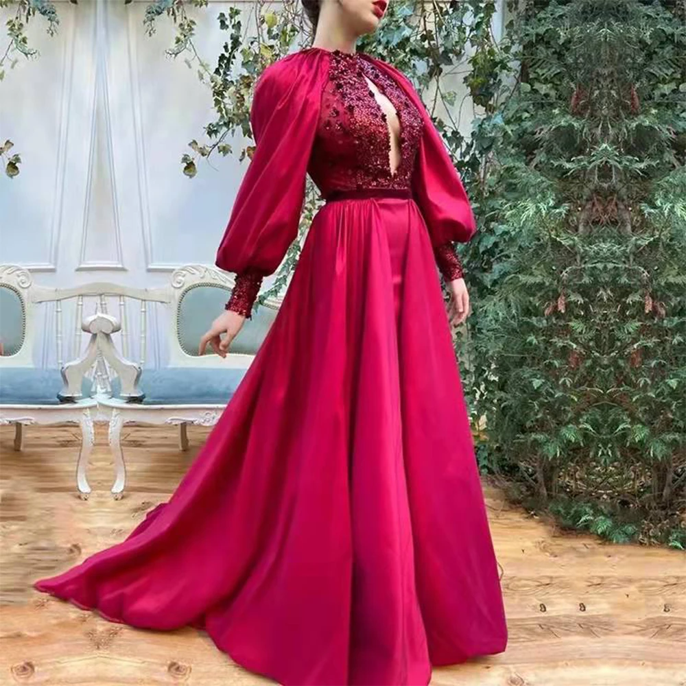

Rose Pink Soft Satin Mermaid Prom Dresses With Sequins Crystal O Neck Full Puff Sleeves Train Evening Gowns vestidos de fiesta
