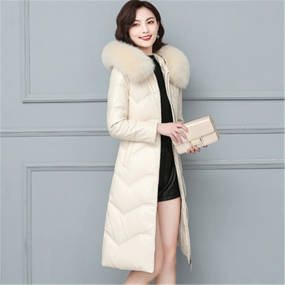 Женская куртка из овечьей кожи Длинная зимняя парка на белом утином пуху с