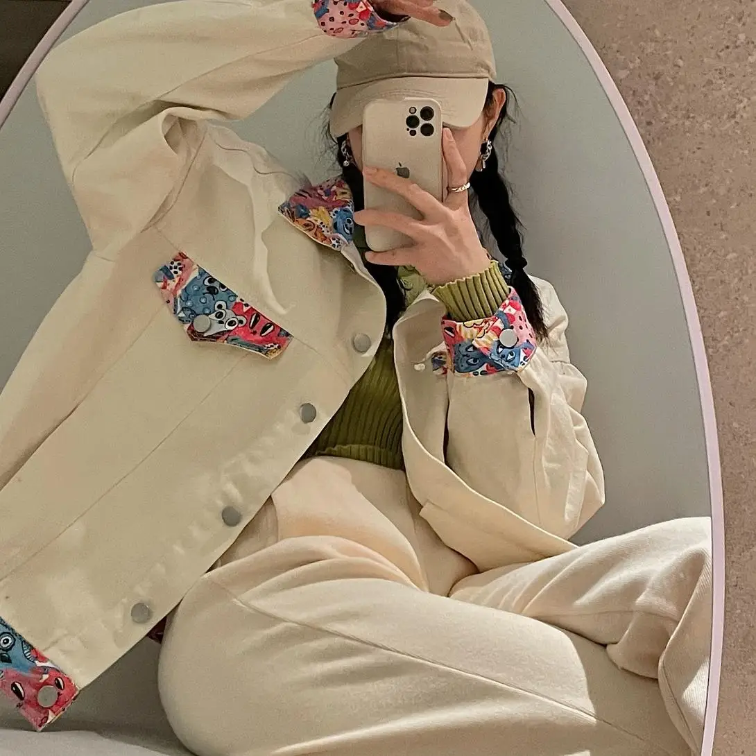 

Women 2021 Fashion With Pockets Cartoon Print Jacket Coat Vintage Lapel Loose Long Sleeve Female Outerwear Chic Tops