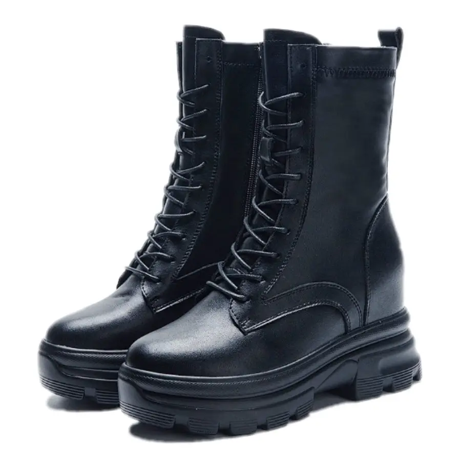 Punk Goth Military Riding Boots Women's Cow Leather Round Toe Platform Wedge Ankle Boots Chunky Heel Oxfords 34 35 36 37 38 39