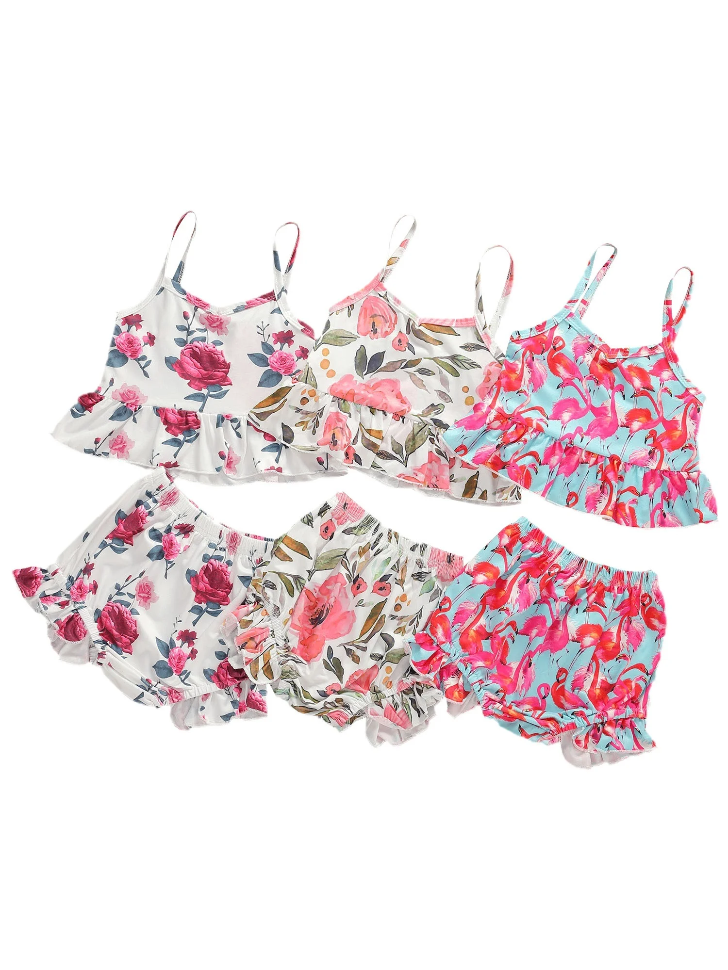 6M-4T Children Fashion Print Two-piece Outfit Ruffle Tank Top Shorts Casual Style Clothes 2Pcs | Детская одежда и обувь