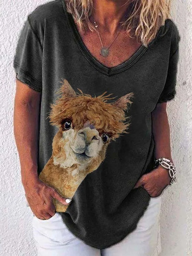

2021 summer hot sale alpaca animal print v-neck short-sleeved pullover women's T-shirt