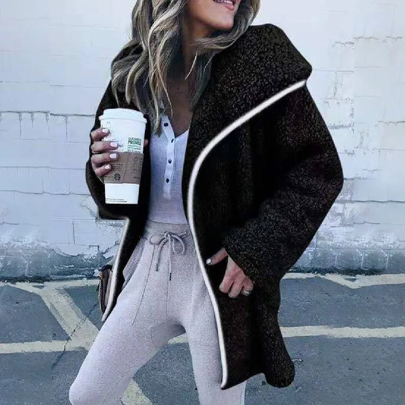 

Plush Coat Fall Clothes for Women Solid Color Open Stitch Turn-down Collar Full Sleeves Loose Coats Lugentolo