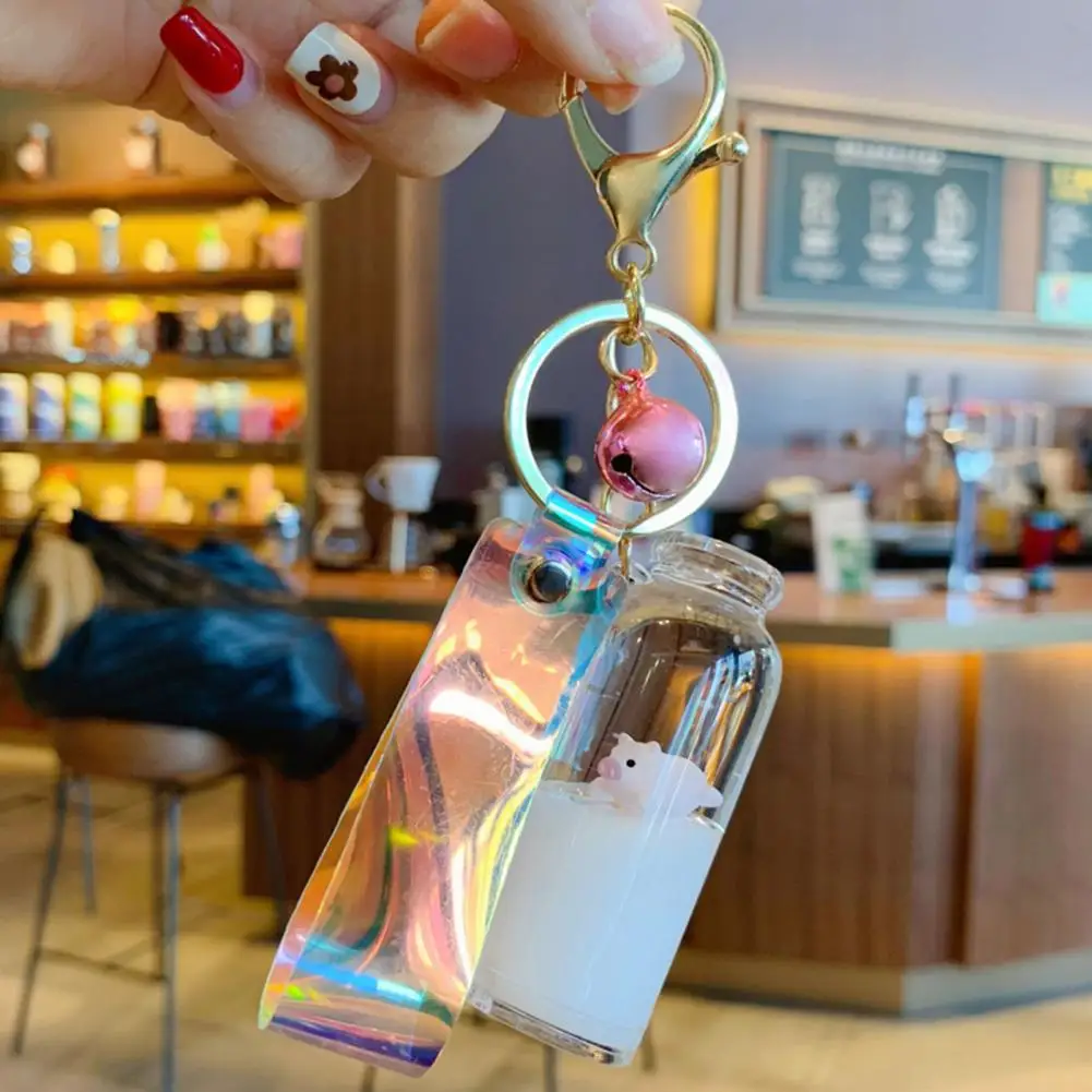 Floating Milk Pig Key Chain Drift Bottle Glass Holographic Lanyard Bell Pendant Decoration |