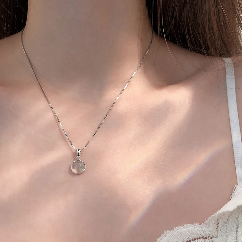 S925 Sterling Silver White Round Pendant Necklaces Luxury Women Fine Jewelry Clavicle Chain Short Necklace | Украшения и