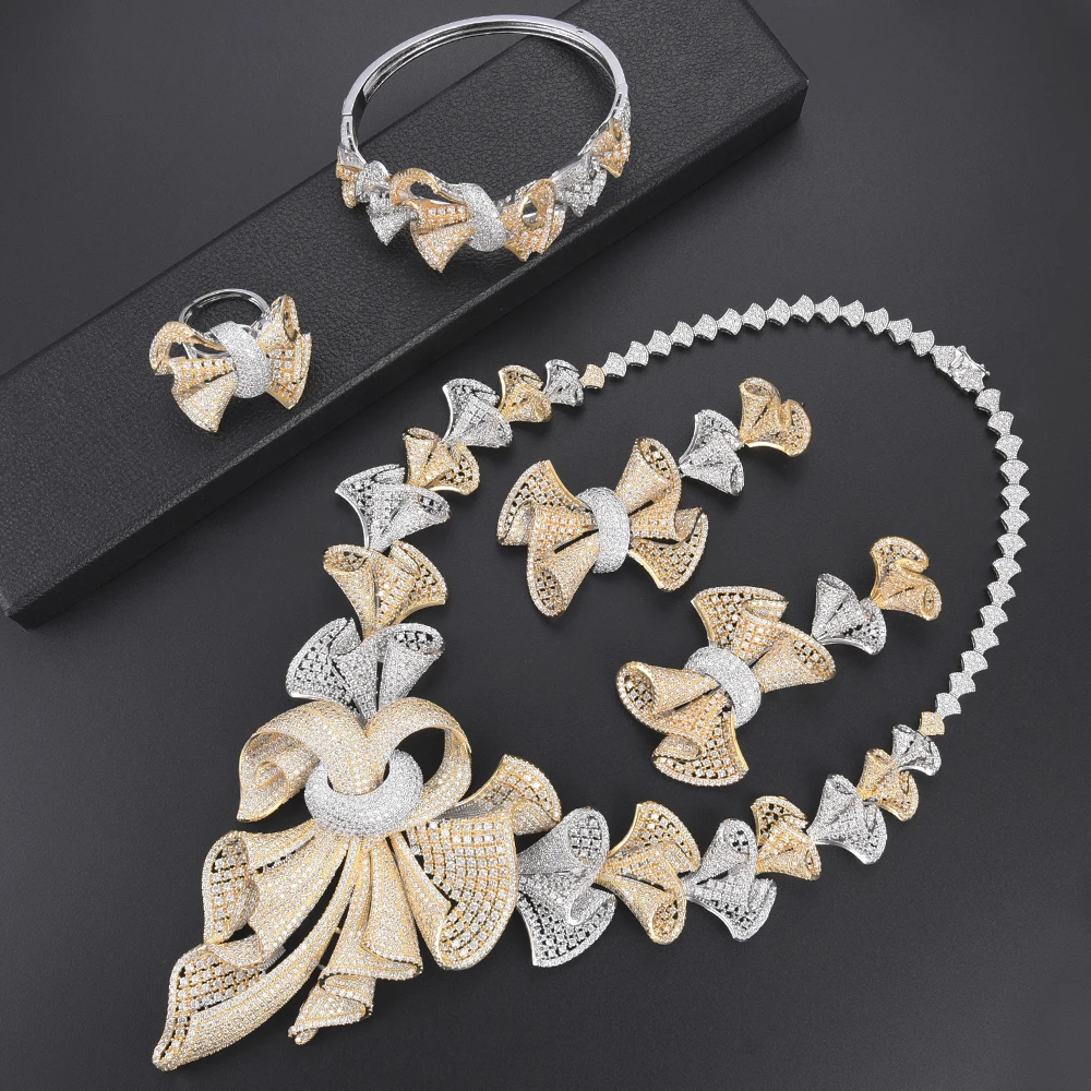 

LARRAURI Big Necklace Bangle Earrings Ring Fashion Bridal Women Wedding Jewelry Making Romantic Bow-knot Luxury Jewelry Sets