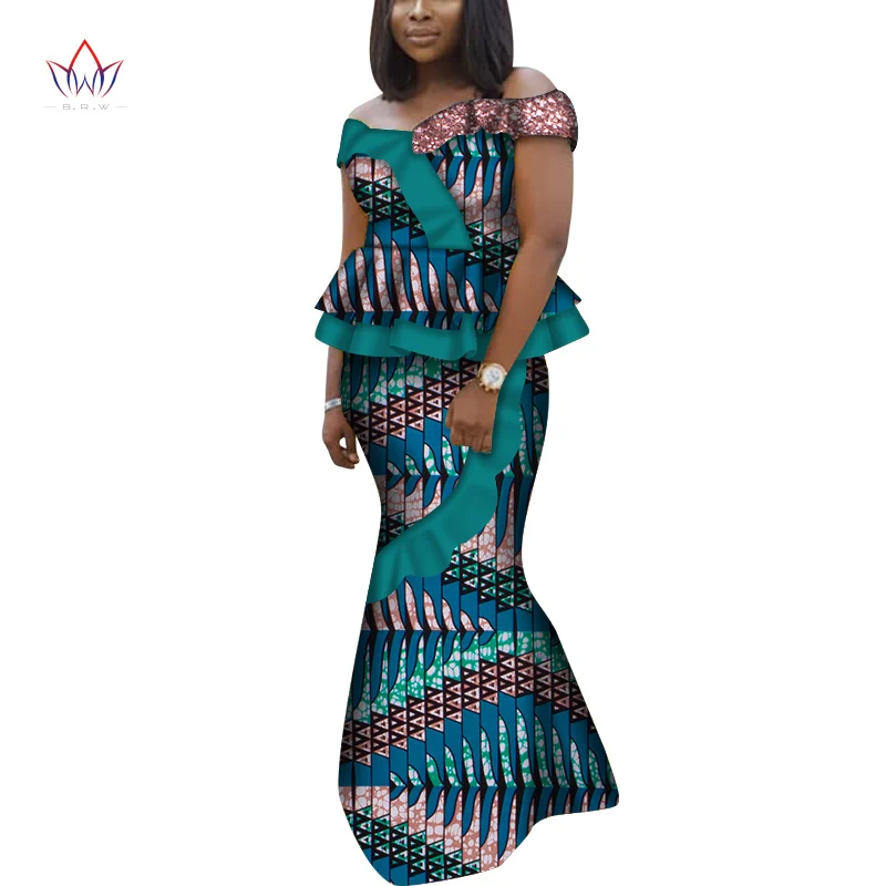 African Short Sleeves Print Tops and Skirt Sets for Women Bazin Riche African Clothing 2 Pieces Skirt Set Off Shoulder WY6802