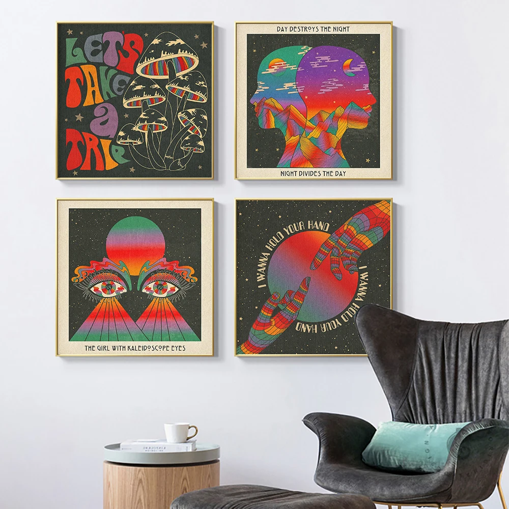 

70s Bohemian Retro Abstract Colorful Art Poster Print Pictures Pop Beatle Music Wall Decor Rainbow Canvas Living Home Painting