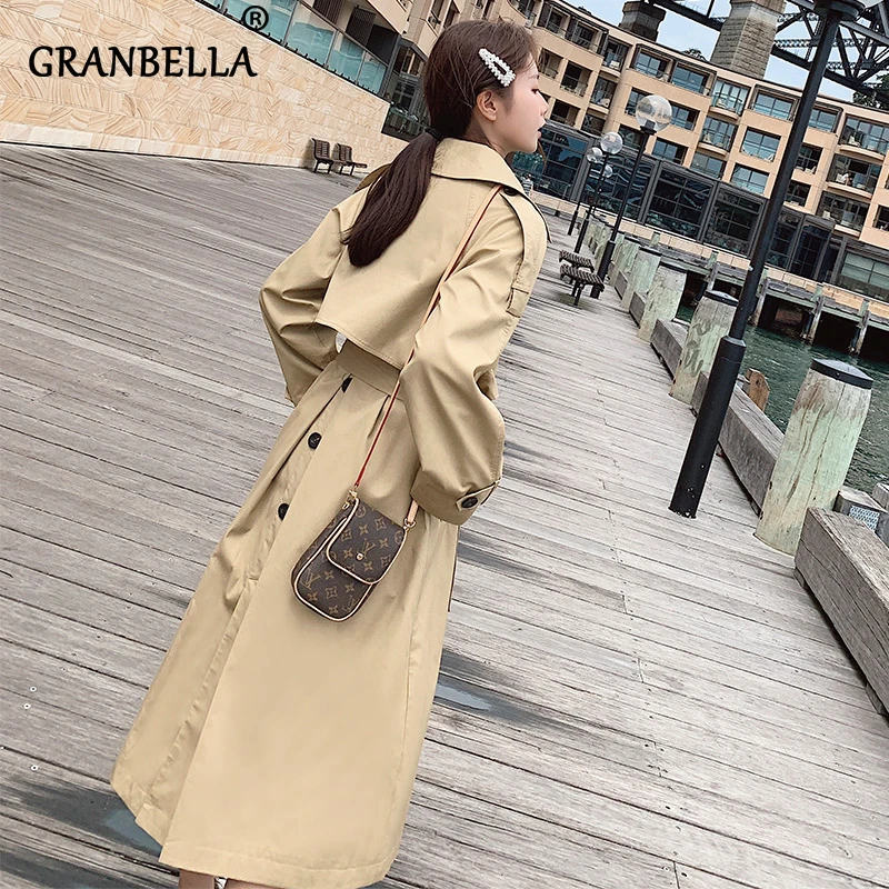 Женский Длинный тренчкот с поясом Классическая двубортная свободная ветровка в