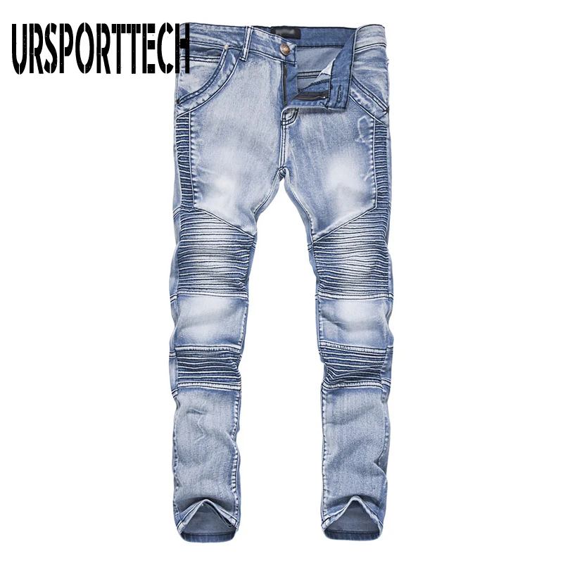 Новинка модные мужские байкерские джинсы брюки облегающие плиссированные