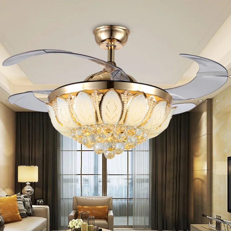 

LED Ceiling Fan Crystal Chandelier Light Modern Invisible Light Living Room Crystal Led Ceiling Fan with Lights Remote Control