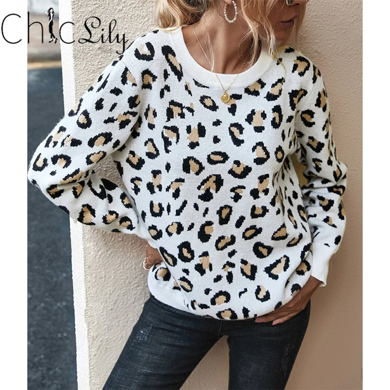 

Chiclily Leopard Knitted Sweater Winter Animal Print Autumn Winter Long Sleeve Female Pullovers Casual Tops