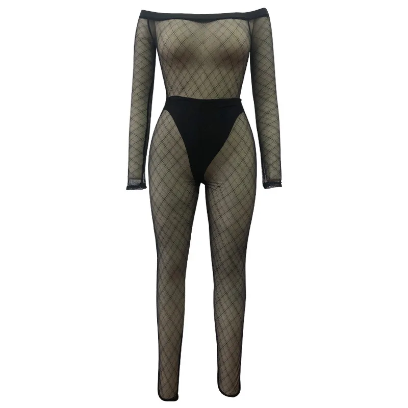 

Nightclub Sexy See Through Women Jumpsuits Off Shoulder Full Sleeve Hollow Out Plus Size Sheer Overalls Black Orange Romper 2019
