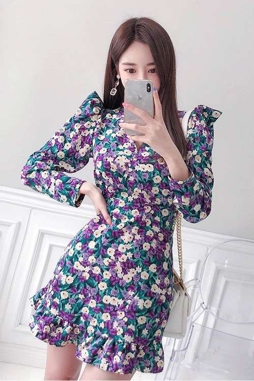 

COIGARSAM Chiffon Women dress New Spring High Waist Dresses Purple 5081