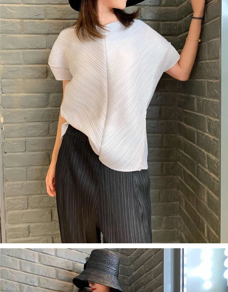 Changpleat новые женские футболки Топ Miyak плиссированный модный дизайн свободный v-образный вырез корейский стиль короткий рукав женская футболка Tide