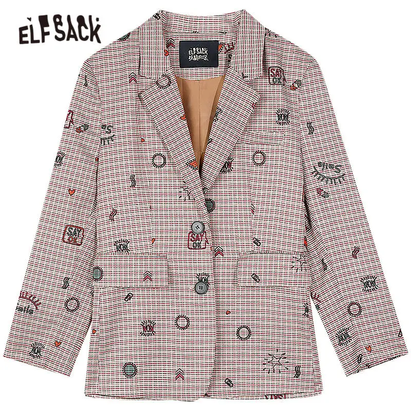 

ELFSACK Plaid British Single Breasted Korean Blazer Women Jacket,2020 Autumn ELF Vintage Causal Feminism Oversize Daily Outwears