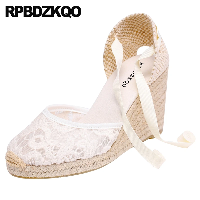 

Pumps Sandals 2019 Tie Up Mesh White Lace Wedge Big Size High Heels Women Footwear Summer Shoes Cross Strap Black Round Toe