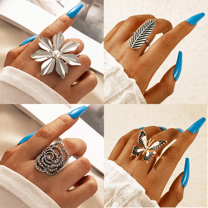 

HuaTang Charming Big Butterfly Flowers Leaf Joint Ring for Women Retro Alloy Metal Pearl Hollow Geometric Jewelry Anillo Party