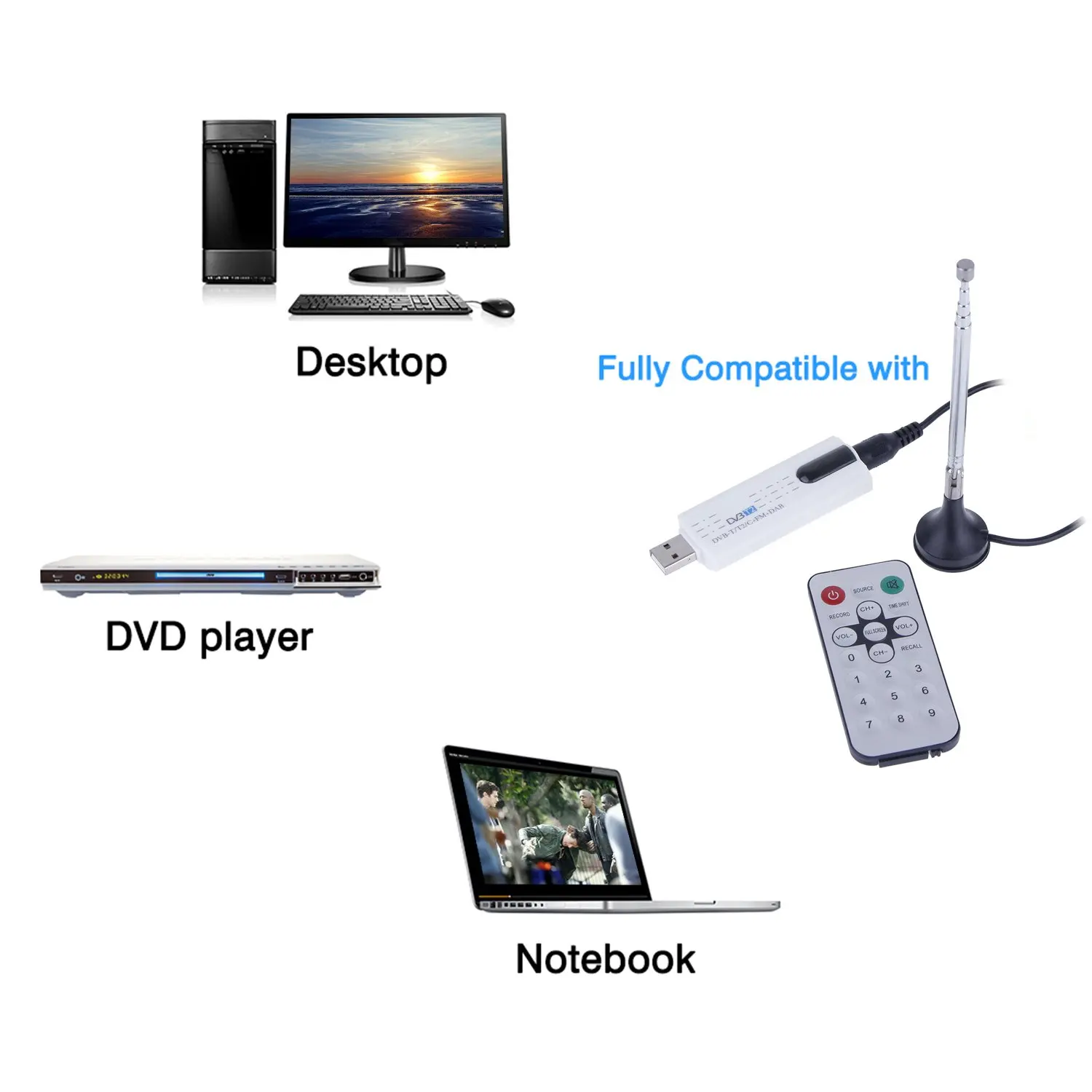 USB ТВ-тюнер DVB T2 DVB-T/C FM DAB с антенной пульт дистанционного управления HD 1080P MPEG-2 MPEG-4