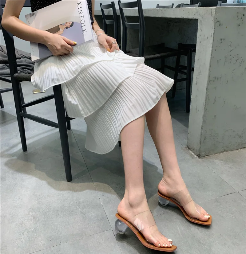 Шлепанцы женские прозрачные на квадратном каблуке повседневная удобная обувь